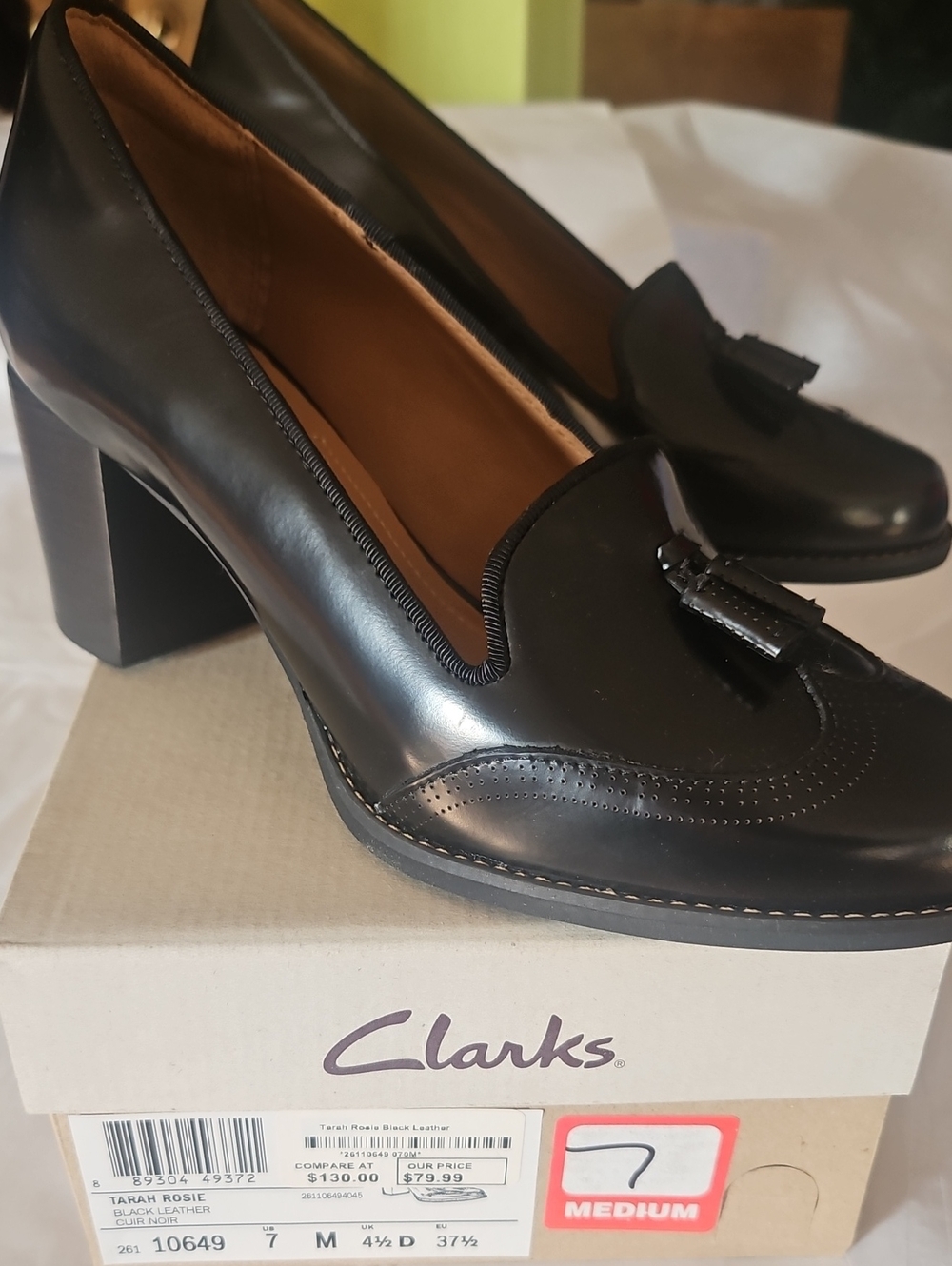 Clarks Black Leather Tassel Block Heel Pumps